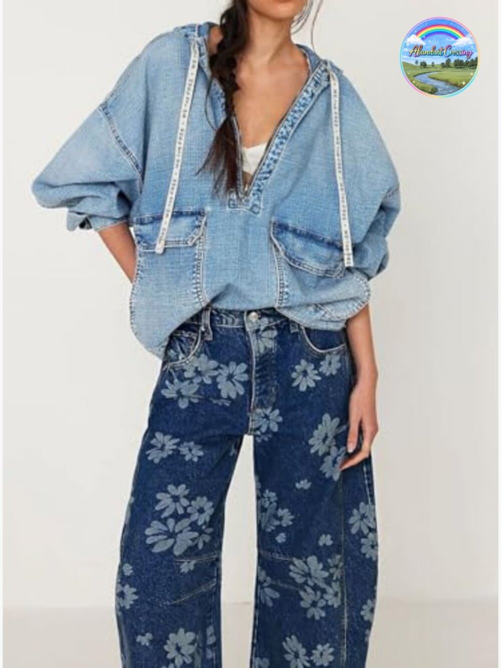 Y2k Distressed Barrel Jeans Baggy Wide Leg Floral Printed Boyfriend Patchwork - Picture 4 of 6